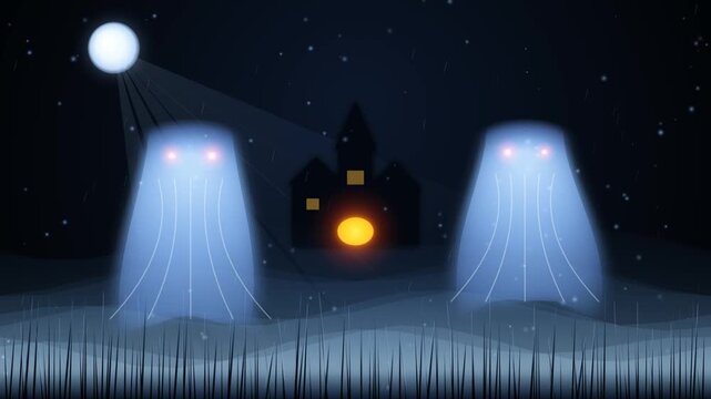 Spooky Halloween ghost animation, glowing phantom spirits in night landscape, haunted house with full moon background
