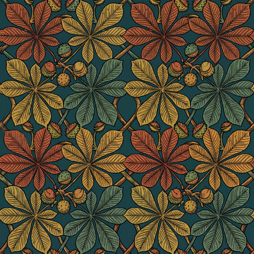 Vintage style seamless pattern featuring intricate hand drawn horse chestnut leaves and spiky seed pods in warm autumn colors against a deep teal background for elegant textile design