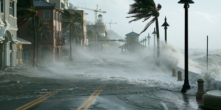 A powerful storm surge inundates a coastal town with large waves crashing against buildings and streets