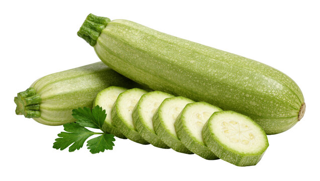 Fresh green zucchini sliced and whole with parsley sprig, isolated on transparent background