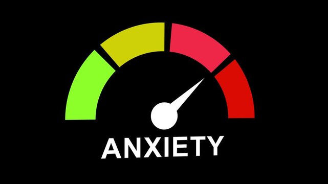 Dynamic anxiety level gauge meter animation featuring fluctuating stress indicators moving between green, yellow, and red zones to represent mental health challenges, psychological pressure, and