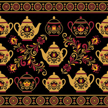 Seamless pattern featuring traditional Russian Khokhloma style teapots and floral ornaments in gold red and black for elegant textile design and decorative kitchenware background