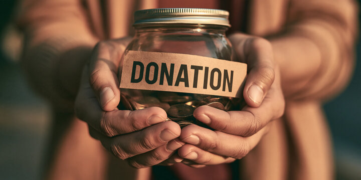 A jar with the word donation is held in two hands, filled with coins.