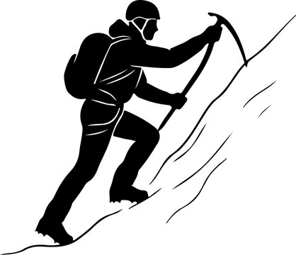 Mountaineer Climbing Steep Snowy Slope with Ice Axe Silhouette