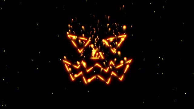 Glowing Halloween pumpkin face with orange neon light. Spooky jack-o-lantern fire sparks on black background. Eerie holiday animation for party visuals.