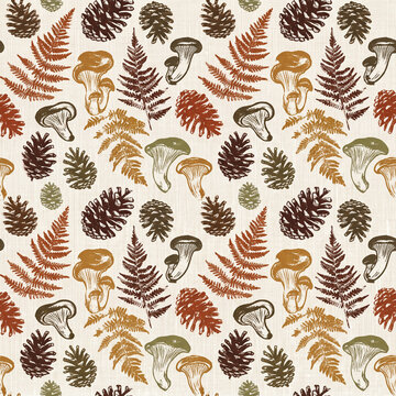Seamless autumn forest pattern featuring hand drawn illustrations of pine cones ferns and mushrooms in a rustic earthy color palette perfect for textile design and seasonal stationery