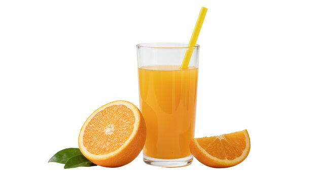 Tall glass of orange juice with yellow straw half orange and slice, isolated on transparent background