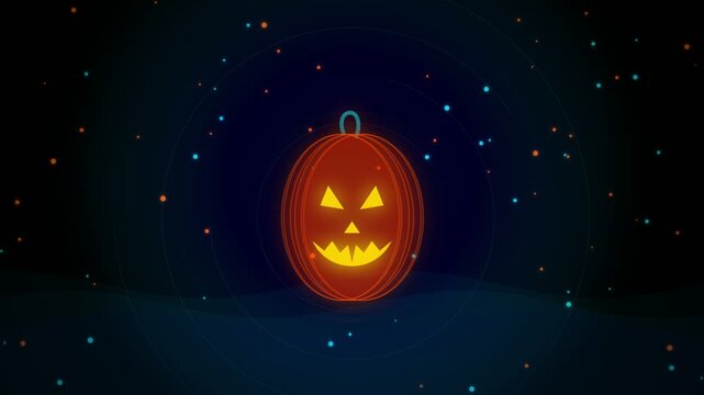 Glowing Halloween pumpkin animation, neon jack o lantern with spooky face, digital holiday background with floating particles