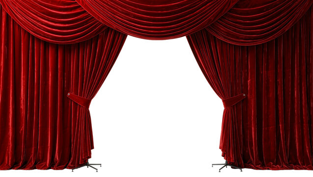 Luxurious red velvet theater curtains with ornate draping, isolated on transparent background