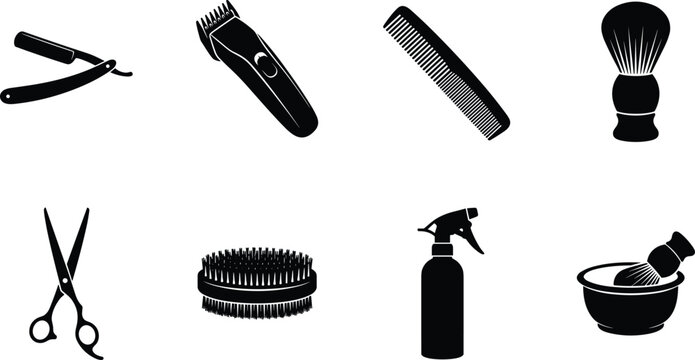 Set of barber and grooming tool silhouette icons including razors, scissors, combs, and brushes