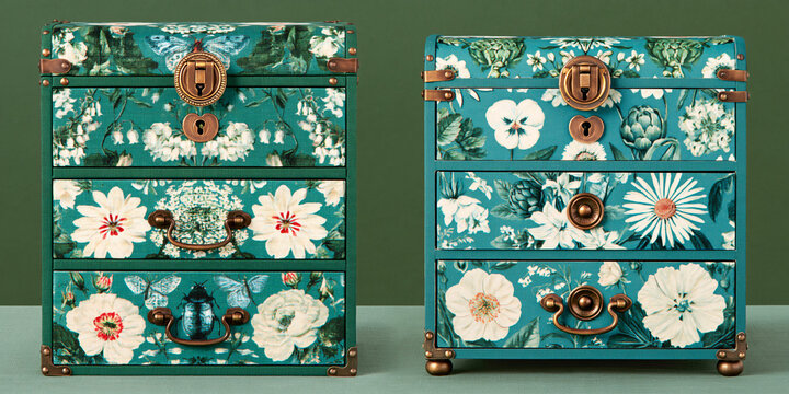 A pair of teal ornate decorative storage boxes adorned with floral patterns and brass hardware. Each box features three drawers and is accented with vintage-style knobs and locks.
