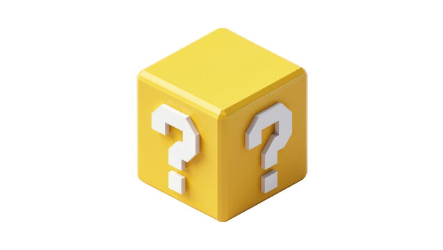 Yellow cube with white question marks, isolated on transparent background