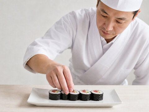 白衣を着た職人が新鮮なネタで巻き寿司を握る手元