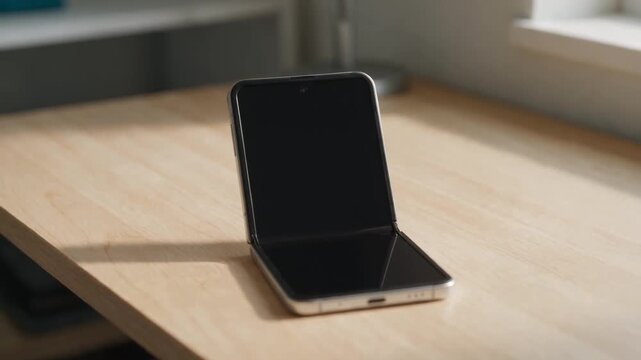 Foldable smartphone phone with a screen resting on a pale wooden desk soft window light macro close up detail shot