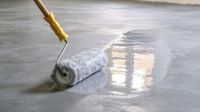 Floor Lacquering Process on Gray Microcement Base Close Up