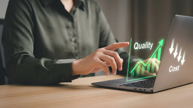 Person using a laptop to analyze increasing quality with interact digital interface