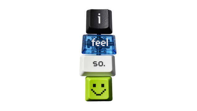 Stack of computer keyboard keys spelling i feel so with a smiley face, isolated on transparent background