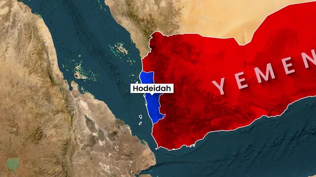 Animated map showing yemen and hodeidah region motion graphics video