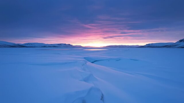 Vast snow-covered plain stretches towards distant mountains under a colorful sunrise. Soft, low-angle light creates a gradient of pink and purple in the sky, reflecting on the frozen surface.