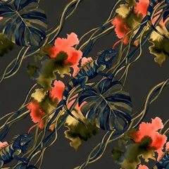 Seamless tropical pattern featuring detailed blue iguanas with golden vines and monstera leaves on a dark background with vibrant watercolor splashes for luxury textile design projects © Helmalia