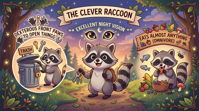 Educational Infographic Illustration of Raccoon Facts for Kids with Cute Cartoon Animal Character
