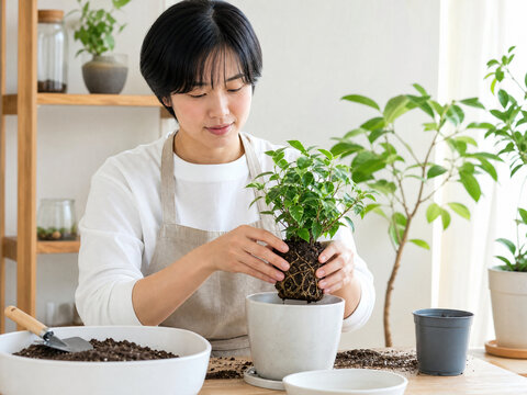 部屋の中で鉢植えの観葉植物の土を入れ替えて手入れする女性