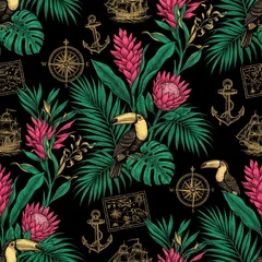 Seamless tropical pattern featuring toucans with exotic protea flowers and palm leaves mixed with vintage nautical elements like anchors and compasses in a detailed engraved style © Helmalia