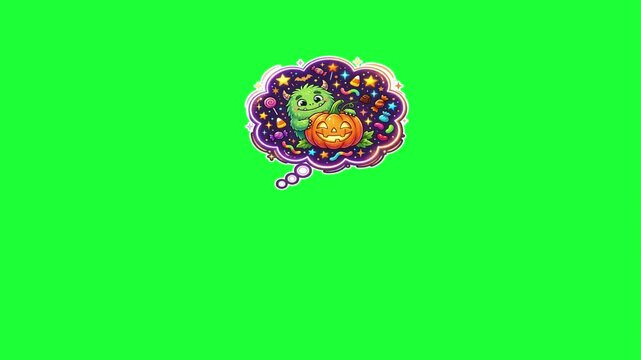 Cute green monster dreaming of halloween pumpkin candy treats and stars within a thought bubble