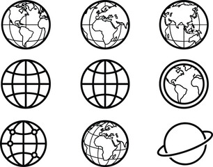Minimalist globe planet earth line icon set featuring world maps grid networks and saturn © md