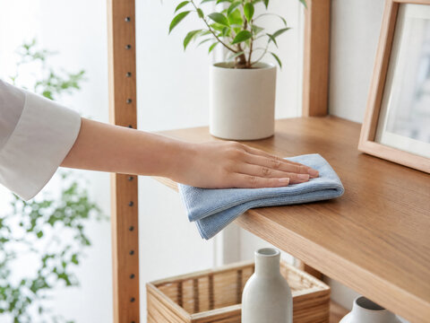 リビングの木製棚の上を青い布巾で綺麗に拭き掃除する女性