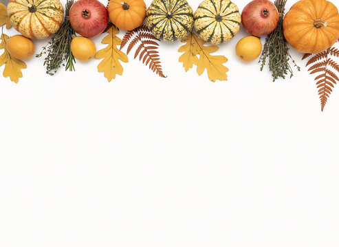 Autumn harvest border with pumpkins and leaves isolated on white background