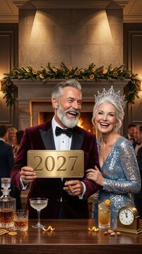 Futuristic winter gala: Happy holiday, New Year, golden 2027, elegant couple, laugh spouse, festive atmosphere, cozy fireplace, midnight clock, sparkle gown, velvet tuxedo.