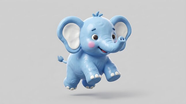 A cheerful baby elephant character jumps joyfully through the air while smiling because it loves playing in the sunny outdoors and bringing happiness to children who enjoy cute animal toy designs