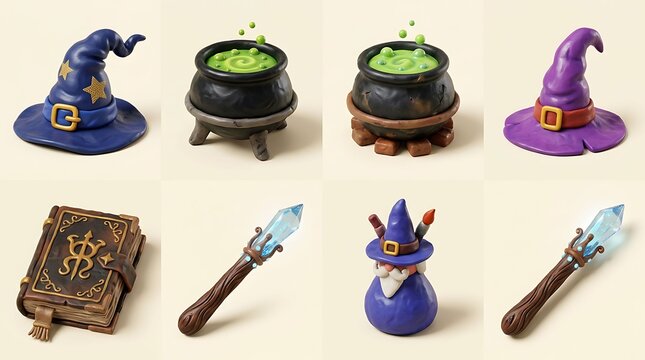 Fantasy magic items including purple hats bubbling cauldrons ancient leather spell books and glowing crystal wands are gathered together to depict an adventurous journey into a mythical realm of