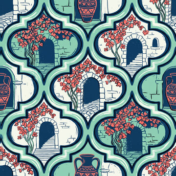 Seamless Mediterranean pattern featuring ornate quatrefoil frames with hand drawn stone arches bougainvillea flowers and ancient terracotta vases for elegant interior design wallpaper