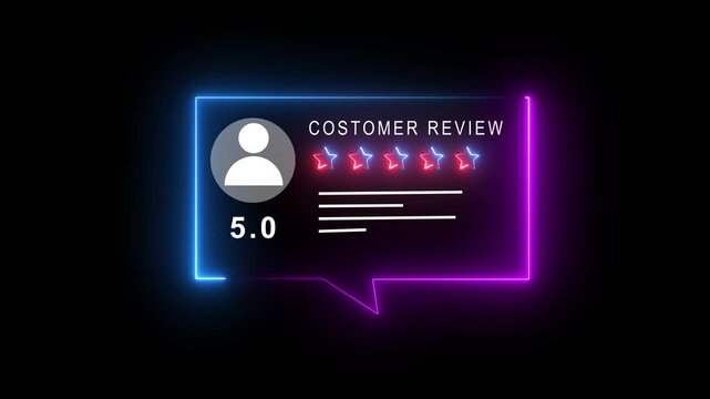 Glowing Customer Review Box Animation with Five Star Rating and User Profile Icon Animation.