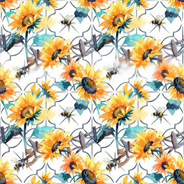 Seamless watercolor pattern featuring vibrant yellow sunflowers and busy bumblebees over a delicate geometric trellis background for elegant textile design and summer home decor projects