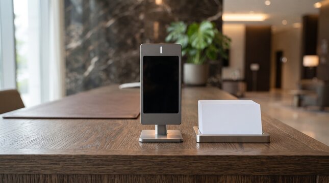 Smart digital check-in terminal with blank keycards on modern luxury hotel reception desk in a lobby