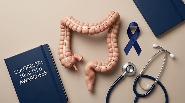 Colorectal health awareness flat lay with model, stethoscope, and navy notebook