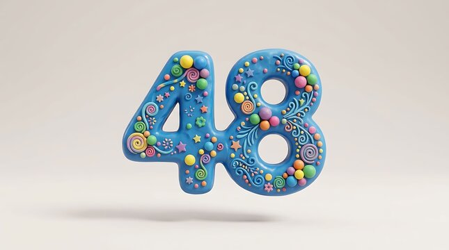Decorative number forty eight rendered in vibrant blue clay with multi colored ornaments and swirling floral patterns for festive birthday celebrations anniversaries and special event signage