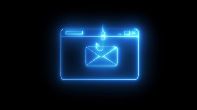Glowing Neon Email Phishing and Cyber Crime Concept with Hook and Web Browser Window animation.