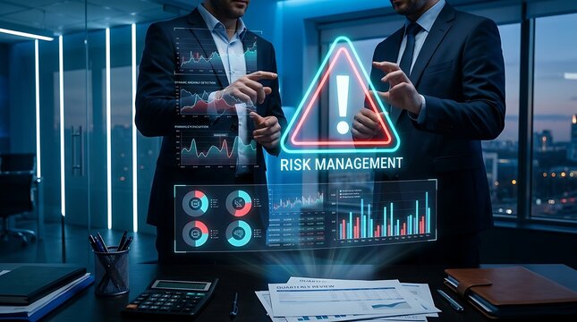 Risk Management Concept: Businessmen analyze financial data and risk alerts on futuristic interface