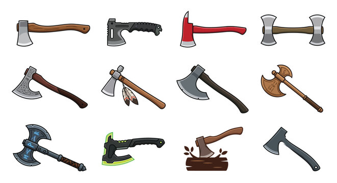 Axe and hatchet vector icon set featuring traditional woodcutter axes fantasy battle axes tomahawk survival tools and firefighter equipment isolated on background