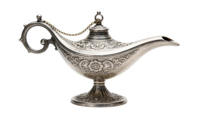Ornate antique silver genie lamp with floral engravings, isolated on transparent background © Ryan