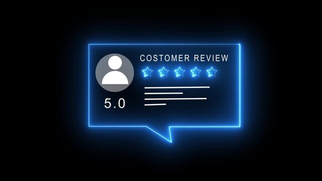 Glowing Customer Review Box Animation with Five Star Rating and User Profile Icon Animation.