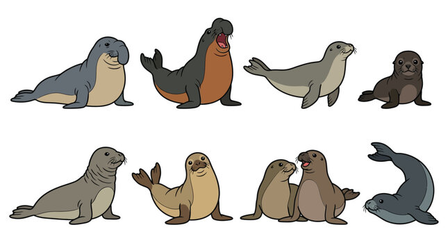 Cute seal vector illustration set featuring elephant seals sea lions harbor seal pups swimming and resting isolated on white background clip art