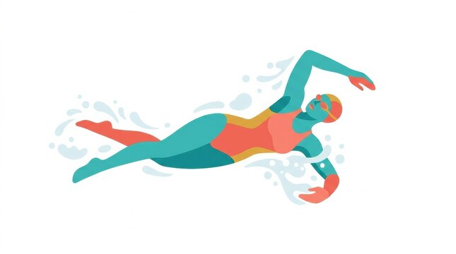 A woman swims freestyle with the sun shining brightly. She demonstrates strength and focus in a pool setting.