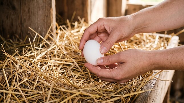 Farmer collecting a fresh white chicken egg from straw nest in coop