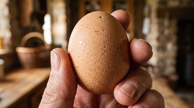 Close up of a fresh brown chicken egg held in hands inside kitchen