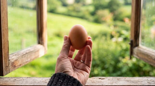 Fresh organic egg held in hand by country window with green nature view